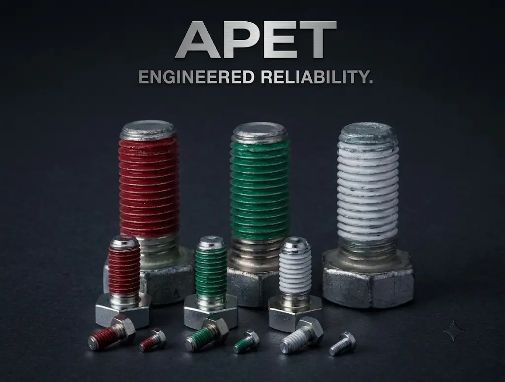 APET Engineered Reliability — red, green and white pre-applied coated bolts dark mode