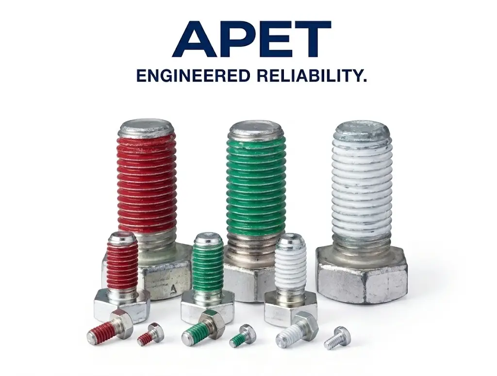 APET Engineered Reliability — red, green and white pre-applied coated bolts